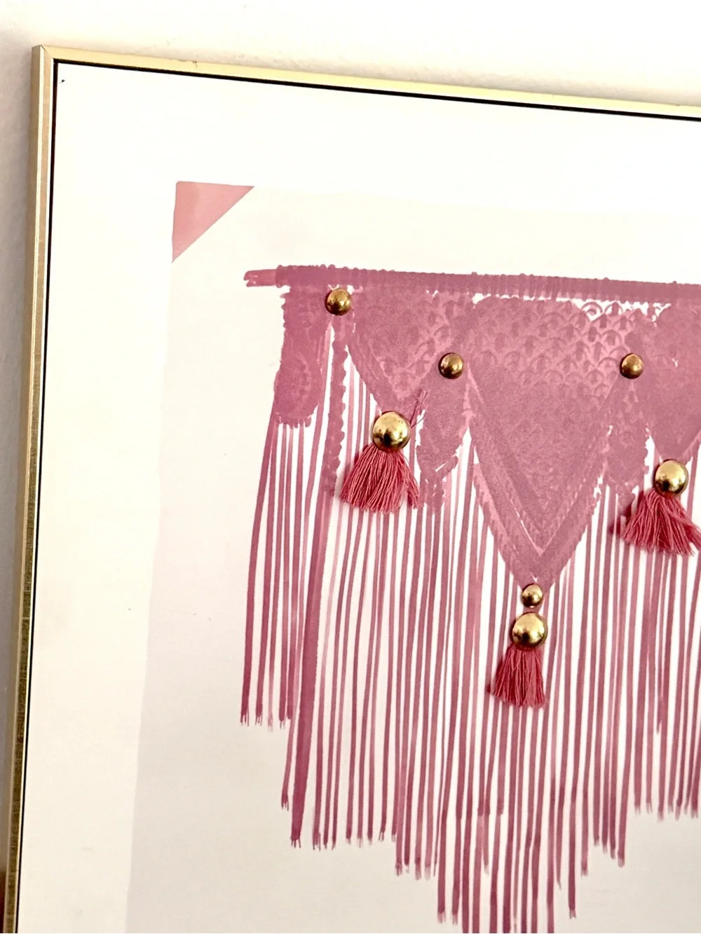 Pretty Pink Tapestry Painting Print Real Tassels Gold Studs Gold Framed Wall Art